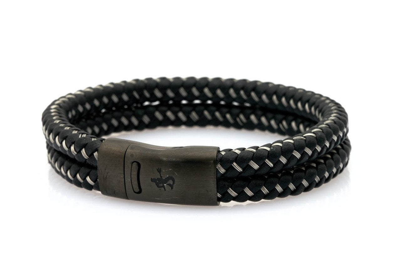 Maenner Armband Mann COMMODORE doppel schwarz leder Stahl NEPTN LAVA