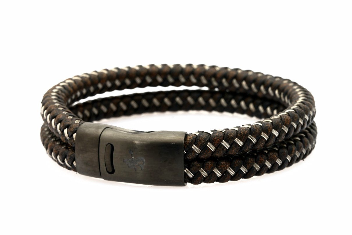 Maenner Armband Mann COMMODORE doppel antik braun leder Stahl NEPTN LAVA